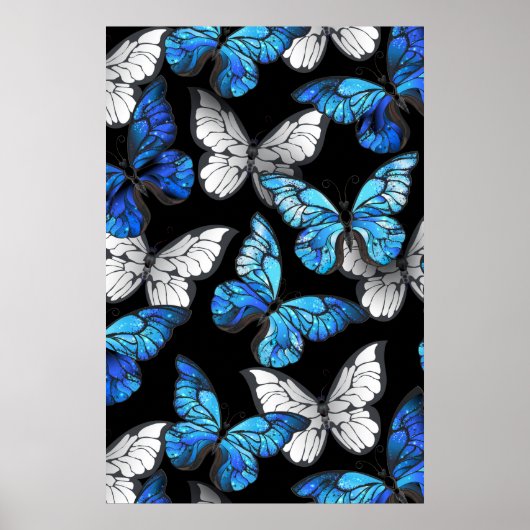 Donker naadloos patroon met blauwe vlinders Morpho Poster (Voorkant)