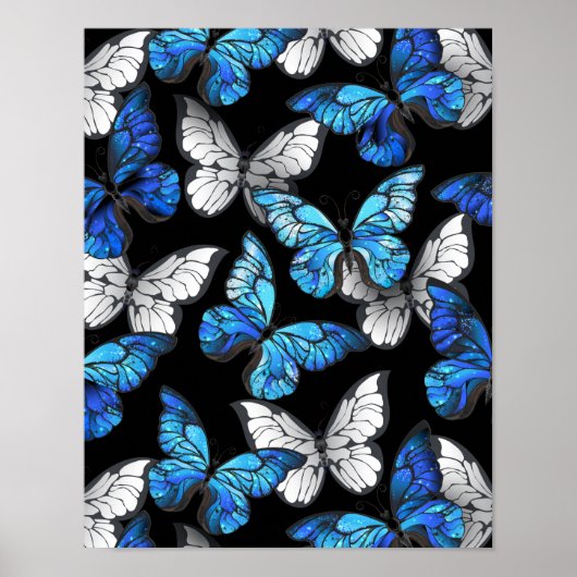 Donker naadloos patroon met blauwe vlinders Morpho Poster (Voorkant)