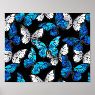 Donker naadloos patroon met blauwe vlinders Morpho Poster