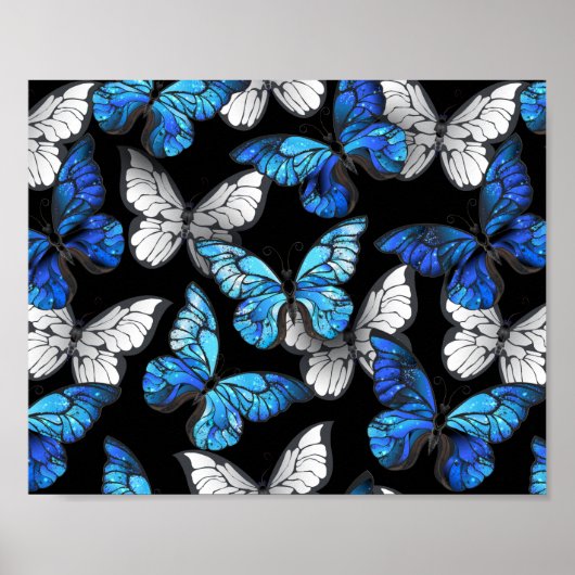 Donker naadloos patroon met blauwe vlinders Morpho Poster (Voorkant)