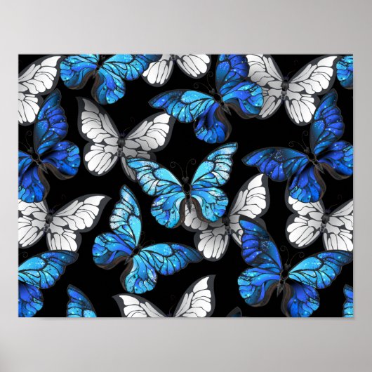Donker naadloos patroon met blauwe vlinders Morpho Poster (Voorkant)