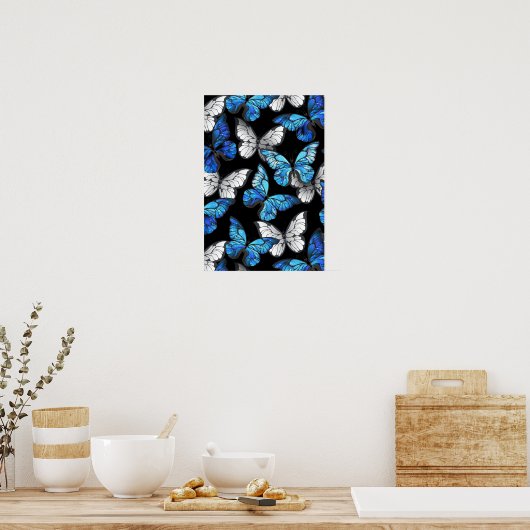 Donker naadloos patroon met blauwe vlinders Morpho Poster (Keuken)