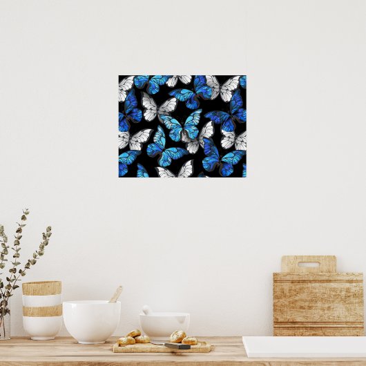 Donker naadloos patroon met blauwe vlinders Morpho Poster (Keuken)