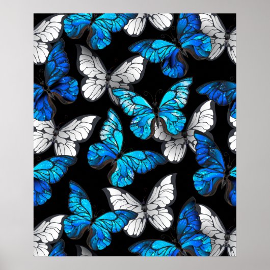 Donker naadloos patroon met blauwe vlinders Morpho Poster (Voorkant)