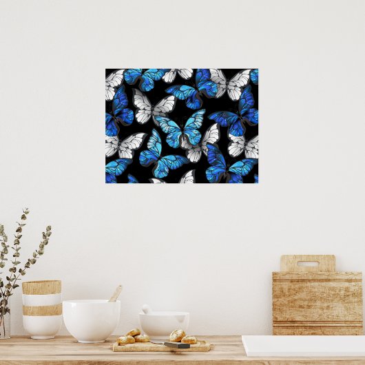 Donker naadloos patroon met blauwe vlinders Morpho Poster (Keuken)