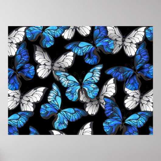 Donker naadloos patroon met blauwe vlinders Morpho Poster (Voorkant)