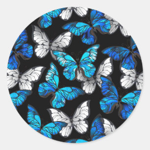 Donker naadloos patroon met blauwe vlinders Morpho Ronde Sticker