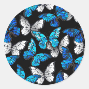 Donker naadloos patroon met blauwe vlinders Morpho Ronde Sticker