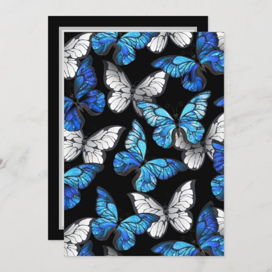 Donker naadloos patroon met blauwe vlinders Morpho Save The Date (Voorkant / Achterkant)