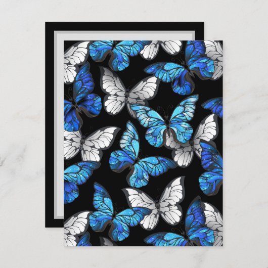 Donker naadloos patroon met blauwe vlinders Morpho Save The Date (Voorkant / Achterkant)