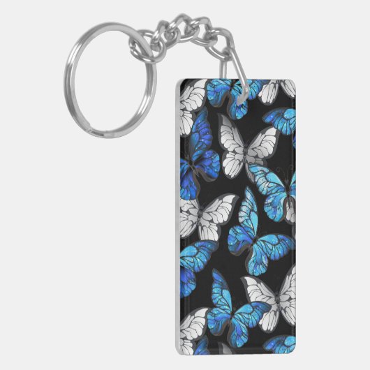 Donker naadloos patroon met blauwe vlinders Morpho Sleutelhanger (Voorkant Links)