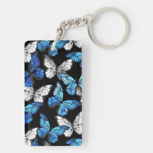 Donker naadloos patroon met blauwe vlinders Morpho Sleutelhanger (achterkant)