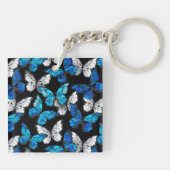 Donker naadloos patroon met blauwe vlinders Morpho Sleutelhanger (Achterkant)