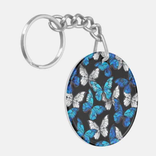 Donker naadloos patroon met blauwe vlinders Morpho Sleutelhanger (Voorkant Links)
