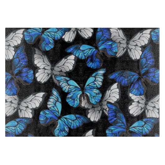 Donker naadloos patroon met blauwe vlinders Morpho Snijplank (Voorkant)