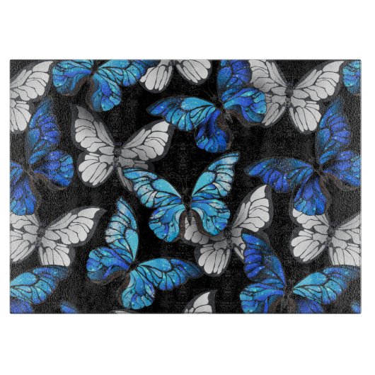 Donker naadloos patroon met blauwe vlinders Morpho Snijplank (Voorkant)