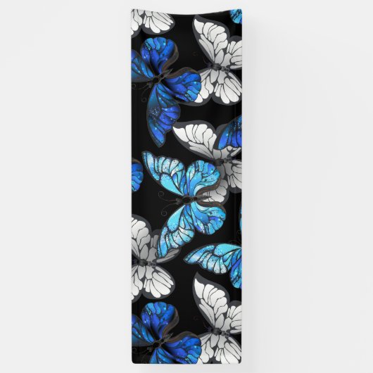 Donker naadloos patroon met blauwe vlinders Morpho Spandoek (Verticaal)