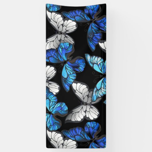 Donker naadloos patroon met blauwe vlinders Morpho Spandoek (Verticaal)