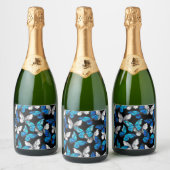 Donker naadloos patroon met blauwe vlinders Morpho Sparkling Wijnetiket (Flessen)