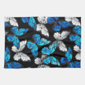 Donker naadloos patroon met blauwe vlinders Morpho Theedoek (Horizontaal)