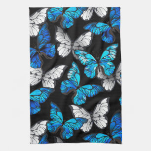 Donker naadloos patroon met blauwe vlinders Morpho Theedoek