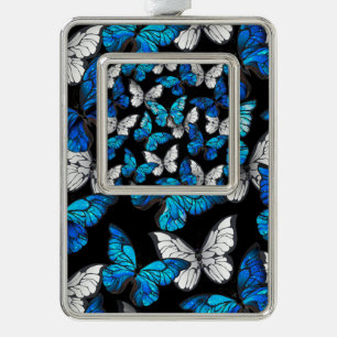 Donker naadloos patroon met blauwe vlinders Morpho Verzilverd Omlijst Ornament