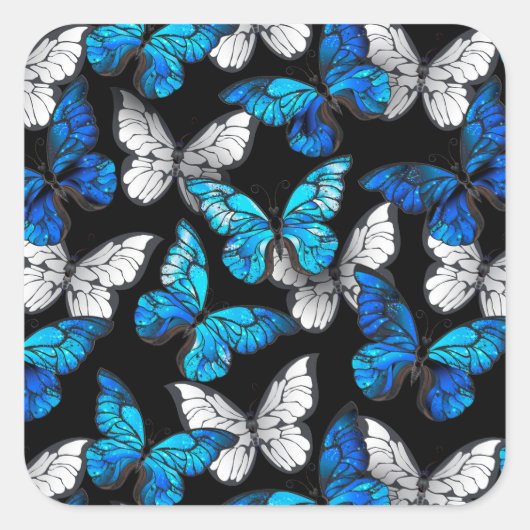 Donker naadloos patroon met blauwe vlinders Morpho Vierkante Sticker (Voorkant)