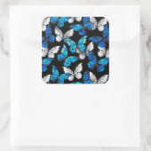 Donker naadloos patroon met blauwe vlinders Morpho Vierkante Sticker (Tas)