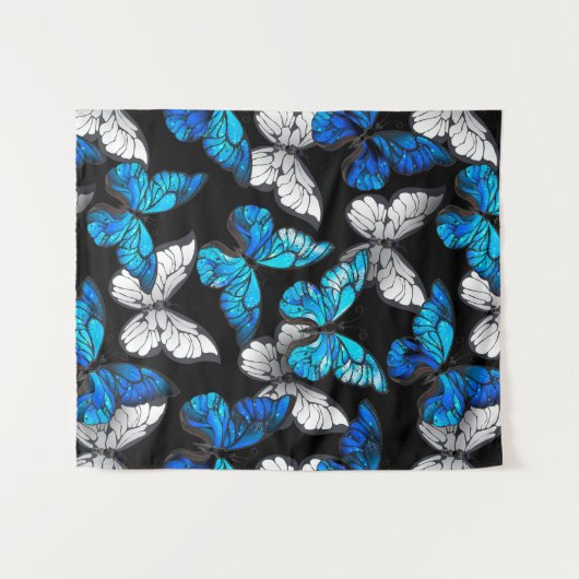 Donker naadloos patroon met blauwe vlinders Morpho Wandkleed (Voorkant (horizontaal))