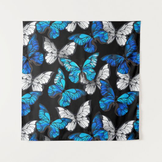 Donker naadloos patroon met blauwe vlinders Morpho Wandkleed (Voorkant)