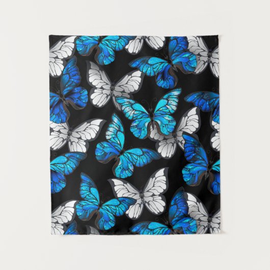 Donker naadloos patroon met blauwe vlinders Morpho Wandkleed (Voorkant)