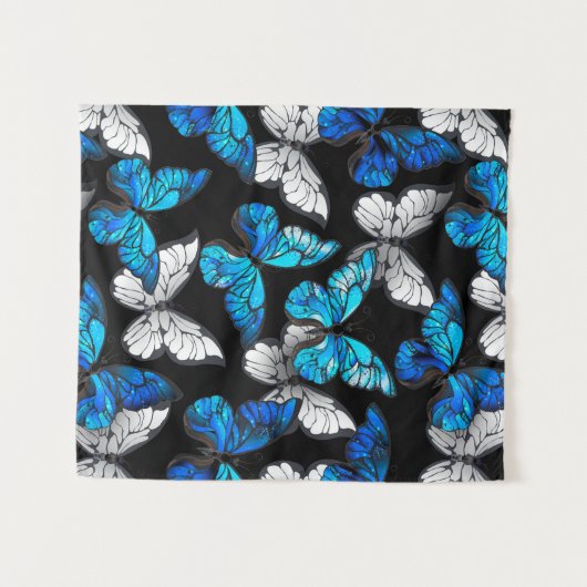 Donker naadloos patroon met blauwe vlinders Morpho Wandkleed (Voorkant (horizontaal))