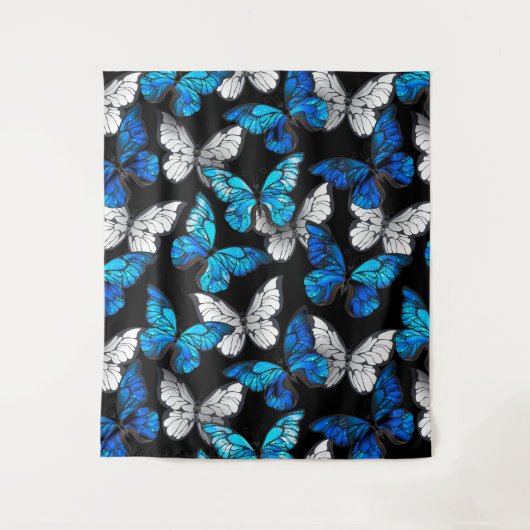 Donker naadloos patroon met blauwe vlinders Morpho Wandkleed (Voorkant)