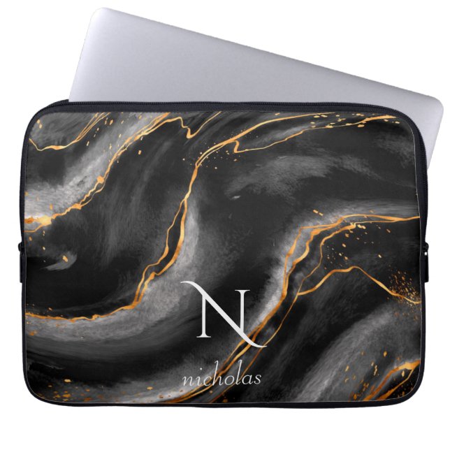 Donker Nacht Goud Glitter Marmer  Laptop Sleeve (Voorkant)