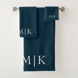 Donker Navy Blauw en Wit | Modern Monogram Bad Handdoek