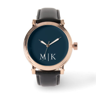 Donker Navy Blauw en Wit Modern Monogram Horloge