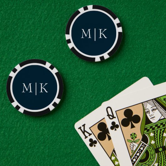 Donker Navy Blauw en Wit | Modern Monogram Poker Chips (Pokertafel (Dubbel))