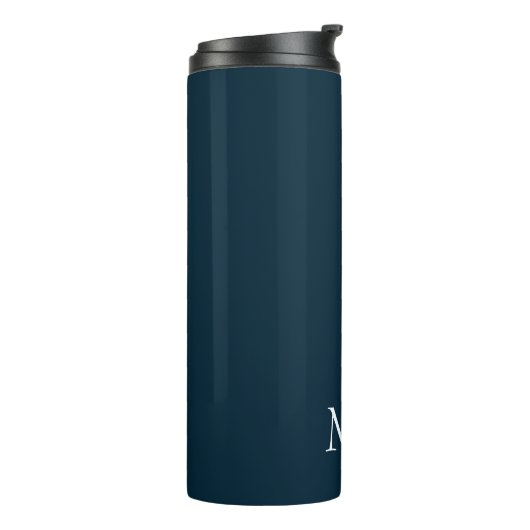 Donker Navy Blauw en Wit | Modern Monogram Thermosbeker (Gedraaid links)