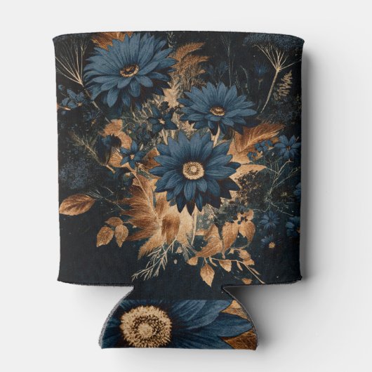 Donker Navy Blauw & Goud Rustiek Bloemen Glam Boho Blikjeskoeler (Achterkant)