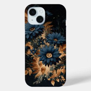 Donker Navy Blauw & Goud Rustiek Bloemen Glam Boho iPhone 15 Case