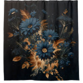 Donker Navy Blauw & Goud Rustiek Bloemen Glam Boho Douchegordijn (Voorkant)
