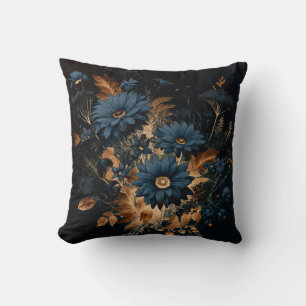 Donker Navy Blauw & Goud Rustiek Bloemen Glam Boho Kussen