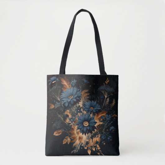 Donker Navy Blauw & Goud Rustiek Bloemen Glam Boho Tote Bag (Voorkant)