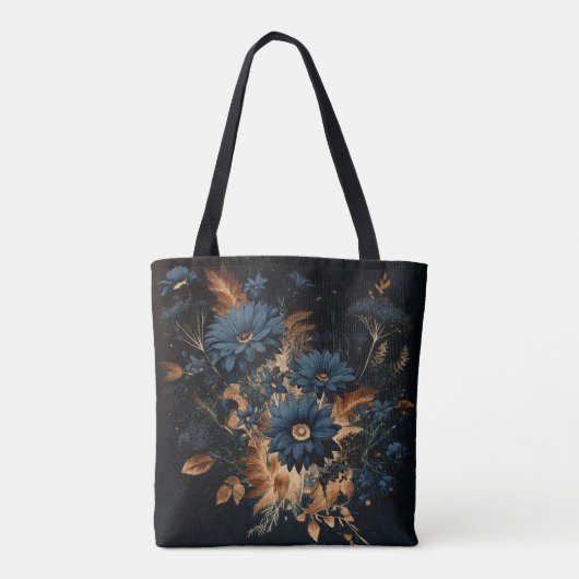Donker Navy Blauw & Goud Rustiek Bloemen Glam Boho Tote Bag (Achterkant)