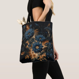 Donker Navy Blauw & Goud Rustiek Bloemen Glam Boho Tote Bag