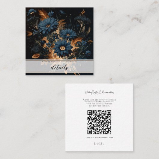 Donker Navy Blauw & Goud Rustiek Bloemen Glam Boho Vierkante Visitekaartje (Voorkant / Achterkant)