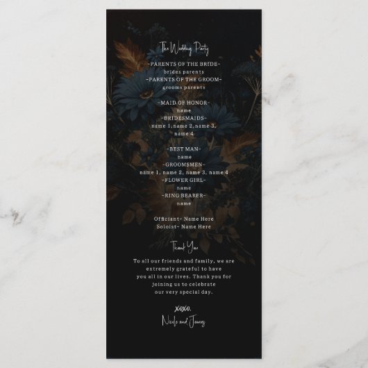 Donker Navy Blauw & Goud Rustiek Glam Boho Bruilof Programmakaart (Achterkant)