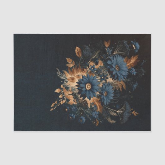 Donker Navy Blauw Goud Rustieke Bloemen Glam Bruil Tissuepapier (Voorkant)