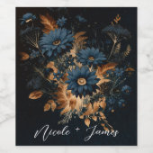 Donker Navy Blauw Goud Rustieke Bloemen Glam Bruil Wijn Etiket (Enkel label)