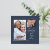 Donker Navy Blauw Goud Wit Script Foto Dank u Kaart (Staand voorkant)